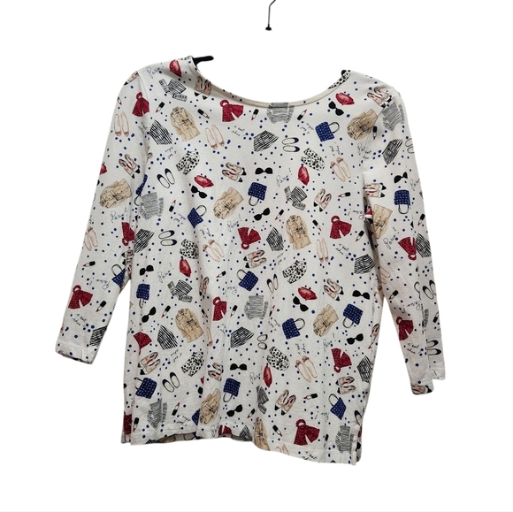 Talbots Paris Novelty Print Scarves Beret 3/4 Sleeve Top Bow Back Detail Size SP - Picture 1 of 3